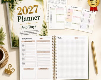May include: A 2027 planner with a gold and green botanical cover, featuring an open spiral-bound daily schedule and notes page, alongside loose inserts for a calendar, weekly planning, and password tracking, accompanied by a gold pen.