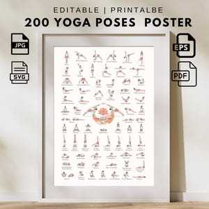 Peut inclure: A framed poster with the title "200 YOGA POSES POSTER". The poster presents illustrations of various yoga poses in a light brown color. Icons for JPG, SVG, EPS, and PDF file types are also visible.