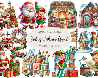 Santa's Workshop Clipart, Watercolor Christmas Clipart Bundle, Christmas Elf PNG, Festive Craft Supplies, Whimsical Elves