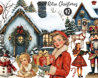 Retro Weihnachten Clipart, Retro Weihnachten Clipart Bundle PNG | Sofort Download