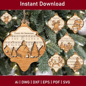 May include: Wooden Christmas ornaments with various designs, including a church scene with the text "Frosty the Snowman" and musical notes. Other ornaments feature a bell, Santa Claus, a Christmas tree, and the text "Santa Claus Is Coming To Town", "Jingle Bells", "O Christmas Tree", "Deck The H", and "Winter Wonderland".