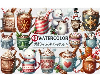 Clipart de Natal de Chocolate Quente, Pacote de Clipart de Chocolate Quente em Aquarela, Clipart de Chocolate Quente PNG, Pacote de Clipart de Comida