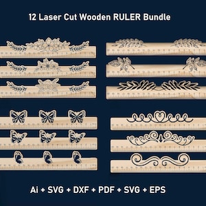 Puede incluir: Un conjunto de 12 reglas de madera cortadas con láser con diseños decorativos florales, de hojas, mariposas y espirales. Cada regla está marcada con medidas en centímetros y pulgadas. El texto "12 Laser Cut Wooden RULER Bundle" está en la parte superior.