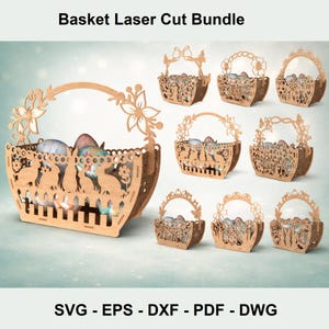 Puede incluir: Una colección de cestas de Pascua de madera cortadas con láser en varios tamaños y diseños. Las cestas presentan intrincados patrones recortados, incluidos motivos florales y de conejitos, y están llenas de coloridos huevos de Pascua. El texto "Basket Laser Cut Bundle" está en la parte superior.