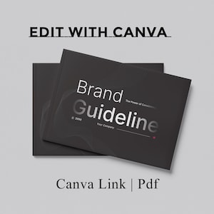 Pode incluir: Duas brochuras cinza escuro com as palavras "Brand Guideline" em texto branco e cinza. O texto "Edit with Canva" está no topo e "Canva Link | Pdf" na parte inferior. As brochuras estão em um fundo cinza claro.