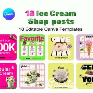 Puede incluir: Una colección de 18 plantillas de publicaciones para redes sociales coloridas para una tienda de helados. Las plantillas presentan diferentes sabores de helado, ingredientes y diseños. Algunos de los textos en las plantillas incluyen "Gracias 500K seguidores", "Tu elección favorita", "Regalo", "Buen humor", "Helado popular", "Nuevo", "Fresa", y "Nos vemos".