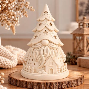 Może przedstawiać: Kremowa ceramiczna figurka gnoma w kształcie choinki. Gnom posiada długą brodę, spiczastą czapkę z wycięciami w kształcie gwiazdek oraz mały domek u podstawy. Figurka umieszczona jest na okrągłej drewnianej podstawce z plastra drewna.