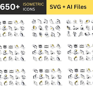 Op de afbeelding: Isometric iconenset met meer dan 650 iconen in zwart, wit en geel. De 3D-iconen tonen verschillende symbolen zoals kronen, camera's en klokken. De tekst "650+ ISOMETRIC ICONS SVG + AI Files" wordt bovenaan weergegeven.