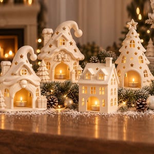 Puede incluir: Un conjunto de cuatro portavelas de cerámica en color blanco roto con formas de casas y un árbol de Navidad. Cada estructura presenta ventanas recortadas y aberturas en forma de estrella, con una vela encendida en su interior.