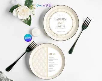 Editable Round Wedding Menu Template: Art Deco Canva Design (A4 Landscape, CMYK)