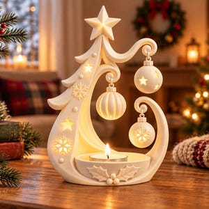 May include: A cream-colored ceramic Christmas tree candle holder featuring a star topper, cut-out star and snowflake patterns, and three hanging spherical ornaments. A small tea light candle sits in the base, which is decorated with holly leaves.