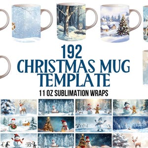 Peut inclure: Une collection de 192 modèles de mugs de Noël avec des enveloppes de sublimation de 11 oz. Les mugs présentent des scènes d'hiver avec des maisons enneigées, des forêts et des personnages festifs comme des bonhommes de neige et des rennes. Les motifs sont de style aquarelle, avec divers thèmes hivernaux.