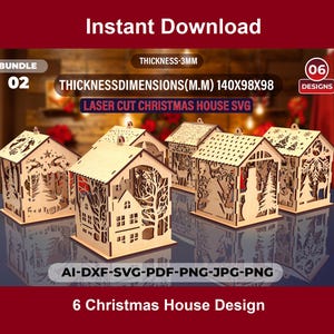 Peut inclure: Six modèles de maisons de Noël en bois découpés au laser. Chaque maison présente des motifs découpés de scènes festives, notamment des arbres, des rennes et un bonhomme de neige. Les dimensions sont de 140x98x98 mm, et l'épaisseur est de 3 mm. Le texte "Téléchargement instantané" et "6 Christmas House Design" sont inclus.