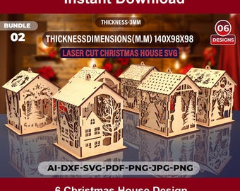 Christmas House Laser Cut, 3D Christmas Scene House Bundle, Winter Wonderland Miniature Houses, Miniature Village Houses, 3D Xmas House SVG