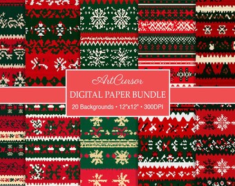 May include: A digital paper bundle featuring various Christmas-themed patterns in red, green, and white. The patterns include snowflakes, geometric shapes, and knit-like textures. The bundle includes 20 backgrounds, each 12"x12" at 300 DPI. The text "ArtCursor DIGITAL PAPER BUNDLE" is visible.