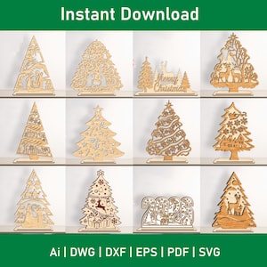 May include: A collection of laser-cut wooden Christmas tree decorations in various designs. Some feature intricate patterns, while others include text like "Merry Christmas" and the year "2023". The image also includes file format options.