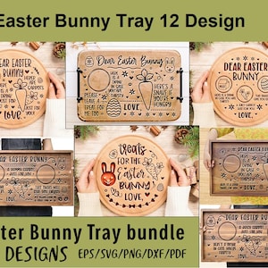 Puede incluir: Colección de bandejas de madera con motivos de conejos de Pascua en varios diseños. Cada bandeja presenta texto e imágenes grabadas, incluyendo zanahorias, huevos y las palabras "Dear Easter Bunny". Las bandejas están disponibles en formas redondas y rectangulares, perfectas para golosinas de Pascua.