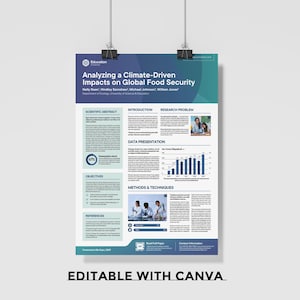 Puede incluir: Se muestra un póster titulado "Analyzing a Climate-Driven Impacts on Global Food Security". El póster tiene un fondo degradado azul y verde e incluye texto, gráficos e imágenes. Las palabras "EDITABLE WITH CANVA" están en la parte inferior.