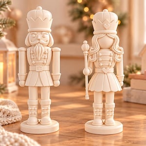 May include: Two light beige nutcracker figurines standing on circular bases. The left figure wears a crown, a jacket with buttons, and boots. The right figure wears a crown with a heart, holds a scepter, and has long hair with a heart on the jacket.