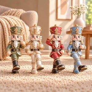 Peut inclure: Quatre figurines de casse-noisettes alignées, portant chacune un uniforme avec des détails dorés et un chapeau haut. Les personnages sont vert olive, crème, rouge et bleu clair, avec des barbes blanches et des bottes noires.