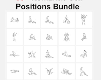 May include: A digital collection titled 58+ Romantic Sex Positions Bundle featuring a grid of black and white line art illustrations depicting various intimate poses. The graphic includes the text 58+ Romantic Sex Positions Bundle and 58+ SVG Files.