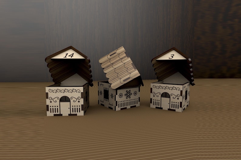 May include: Three decorative wooden houses with brown roofs and white walls. The houses have intricate cut-out designs, including doors, windows, and decorative patterns. Two houses have the numbers 14 and 3 on their roofs. One house has a snowflake design.