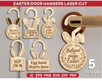 Bunny Door Hangers Laser Cut SVG Bundle , Easter Bunny Door Hanger Laser Cut File, Digital download Glowforge, Easter Door Hanger