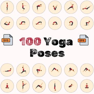 Icono de 100 posturas de yoga, imágenes prediseñadas de yoga, pegatinas, archivos SVG y EPS (descarga instantánea)
