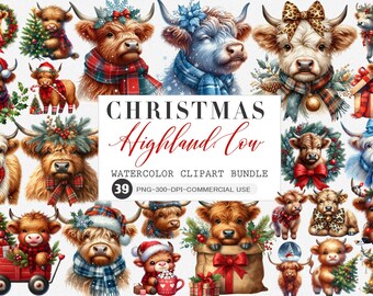 Christmas Highland Cow Clipart, Highland Cow Clipart, Christmas Clipart, Highland Cow Png, Christmas Png Bundle, Cow Png