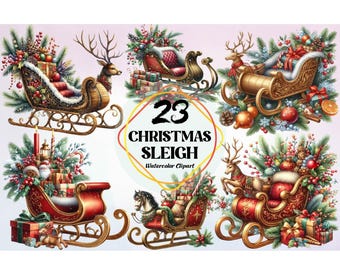 Julsläde Clipart, Akvarell Julsläde Clipart PNG Bundle | Direktnedladdning