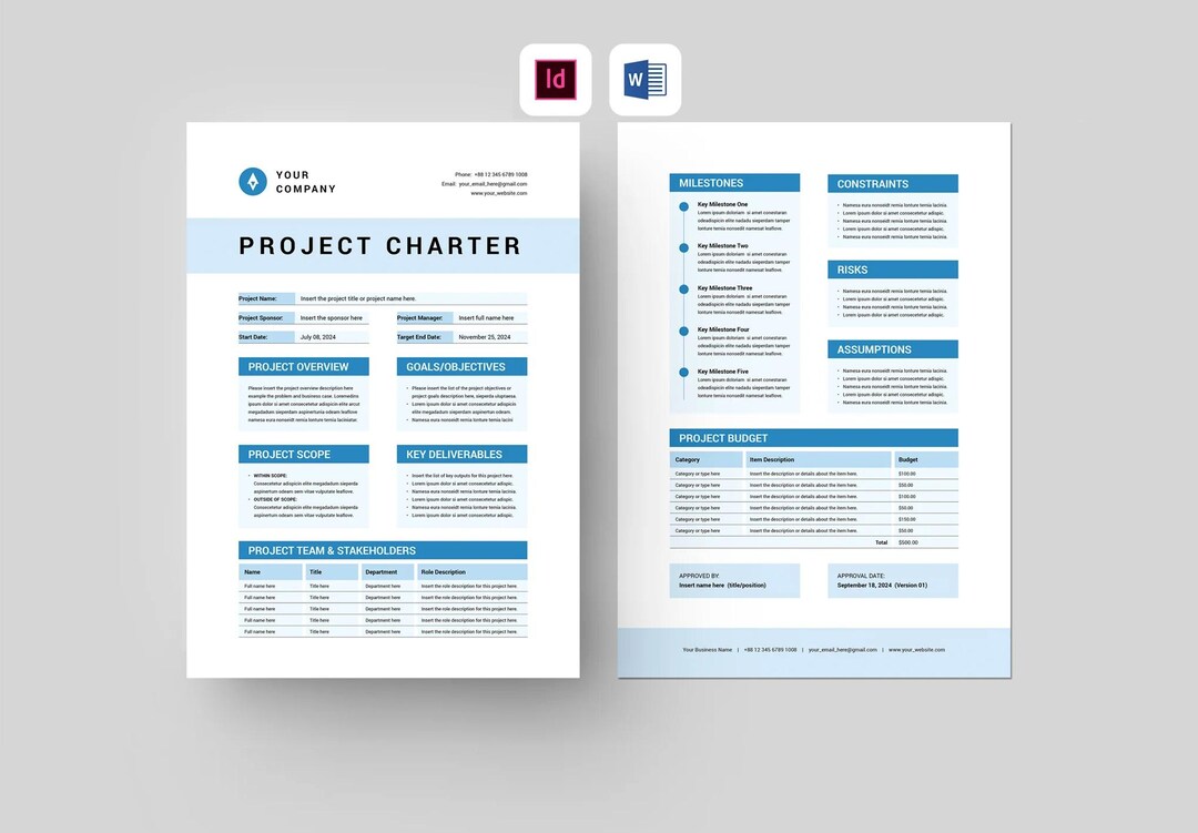 Project Charter Template | Adobe Indesign, Microsoft Word | Editable ...