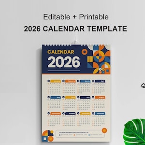 2026 Wall Calendar, Single page Calendar 2026 Template | Full year 2026 calendar | wall calendar | Canva Editable  | PDF Printable