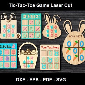 May include: Laser-cut wooden Tic-Tac-Toe games in various Easter-themed shapes, including bunnies and Easter eggs. The games feature colorful X's and O's, with some boards customizable with text. Perfect for Easter gifts and family fun.