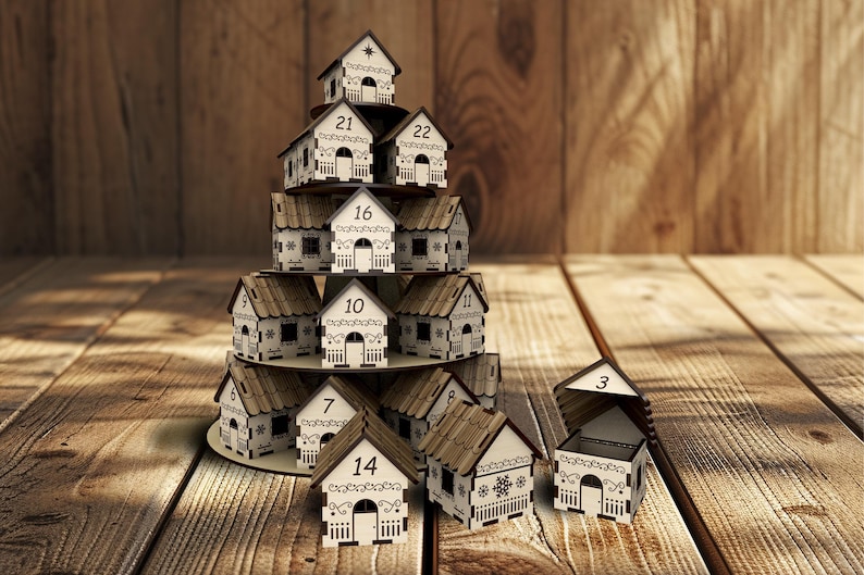 May include: A wooden advent calendar shaped like a Christmas tree, featuring small house-shaped boxes with numbers 3, 7, 9, 10, 11, 14, 16, 21, and 22. The houses have white walls, brown roofs, and decorative cutouts.