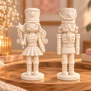 Può includere: Due statuette color crema su un vassoio circolare in legno. Una figura è uno schiaccianoci con cappello alto e uniforme, mentre l'altra è un personaggio con lunghi capelli ondulati, una gonna e una bacchetta a forma di stella.