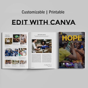 Peut inclure: Une maquette de magazine avec le mot "HOPE" en grandes lettres jaunes sur la couverture. Le texte "Personnalisable | Imprimable" et "EDIT WITH CANVA" sont en haut. À l'intérieur, il y a des articles et des photos.