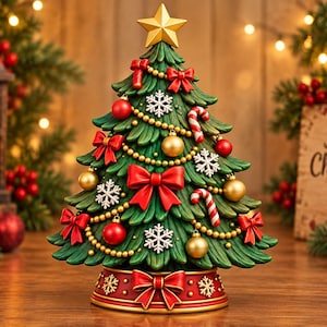 Peut inclure: Une figurine de sapin de Noël de table avec des branches vertes décorées de nœuds rouges, de sphères dorées, de flocons de neige blancs et de sucres d'orge. L'arbre est surmonté d'une étoile dorée sur une base rouge avec un grand nœud.