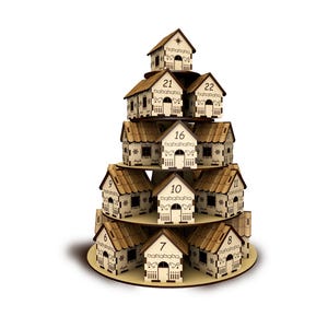 May include: A wooden advent calendar shaped like a tiered Christmas tree. Each small house is numbered and has a door. The houses are arranged in a circular pattern, with the numbers 6, 7, 8, 9, and 10 visible.