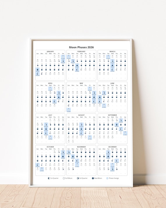 Moon Calendar, Lunar Calendar 2026, 2026 Calendar Printable, Moon