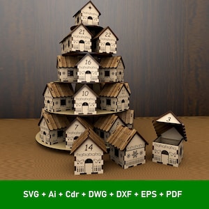 Christmas Houses Advent calendar laser cut file Countdown calendar with snowflake stand and 25 mini boxes GlowForge files Lightburn Xtool