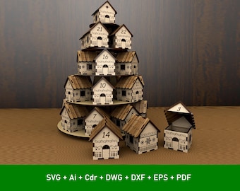 May include: A wooden advent calendar shaped like a tiered village. Each house is numbered and has a small door. The houses are arranged on a circular base. The image also includes the text "SVG + Ai + Cdr + DWG + DXF + EPS + PDF".