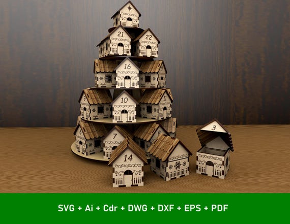 Christmas Houses Advent calendar laser cut file Countdown calendar with snowflake stand and 25 mini boxes GlowForge files Lightburn Xtool