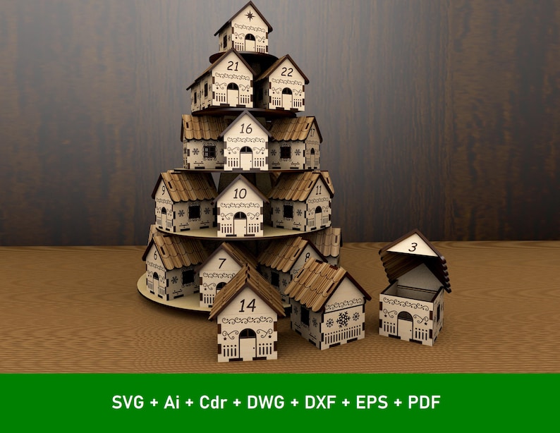 May include: A wooden advent calendar shaped like a tiered village. Each house is numbered and has a small door. The houses are arranged on a circular base. The image also includes the text "SVG + Ai + Cdr + DWG + DXF + EPS + PDF".