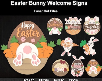 Easter Bunny Welcome Sign SVG Laser Cut Files: Spring Door Hanger SVG, Glowforge