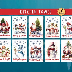 May include: A set of ten Christmas-themed kitchen towels. Each towel features a watercolor design of snowmen, Santa Claus, and gnomes, with the phrases "Merry Christmas" and "Merry & Bright". The towels are white with colorful illustrations.