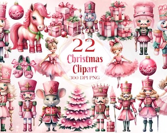 Pink Nutcracker Clipart Bundle, Pastel Christmas PNG, Ballerina Holiday Clipart, Cute Watercolor Xmas Graphics, Digital Download, Christmas