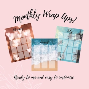 May include: Three printable monthly calendar templates with different backgrounds. The first template has a brown background with hearts, the second template has a blue background with waves, and the third template has a blue background with palm trees. The text "Monthly Wrap Ups!" is at the top of the image. The text "Ready to use and easy to customize" is at the bottom of the image.