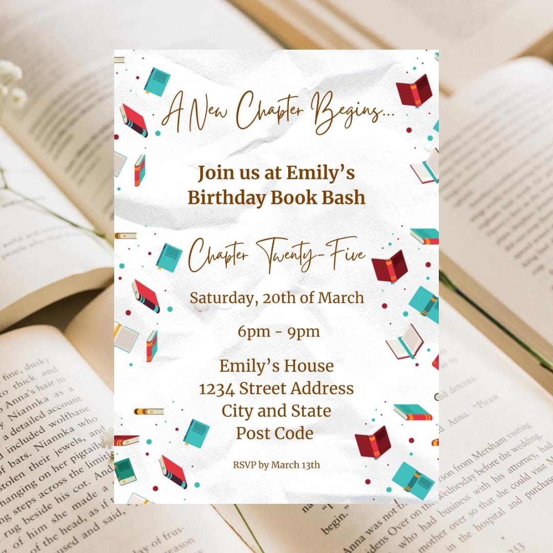 Book-themed Birthday Invitation | Editable Canva Template | Digital ...