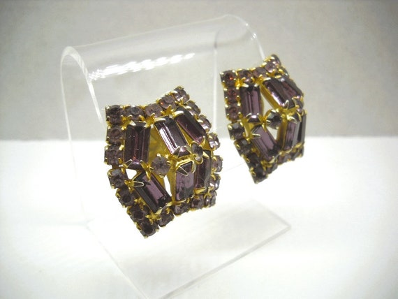 Large Juliana Clip Earrings Purple Rhinestones Qu… - image 3