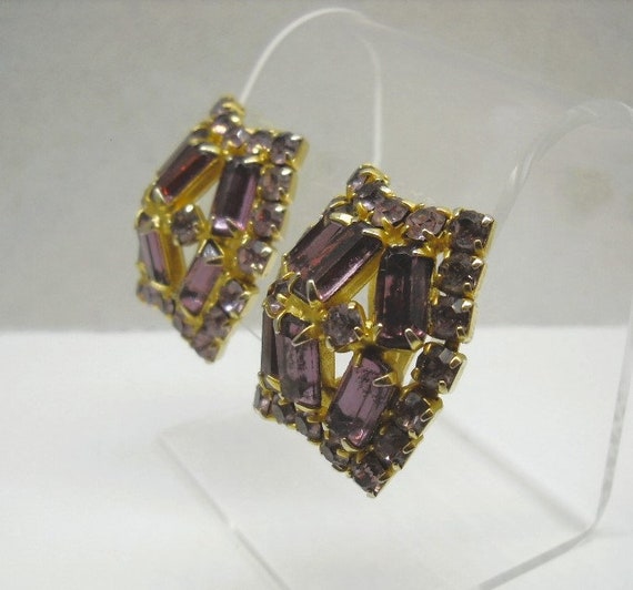 Large Juliana Clip Earrings Purple Rhinestones Qu… - image 5